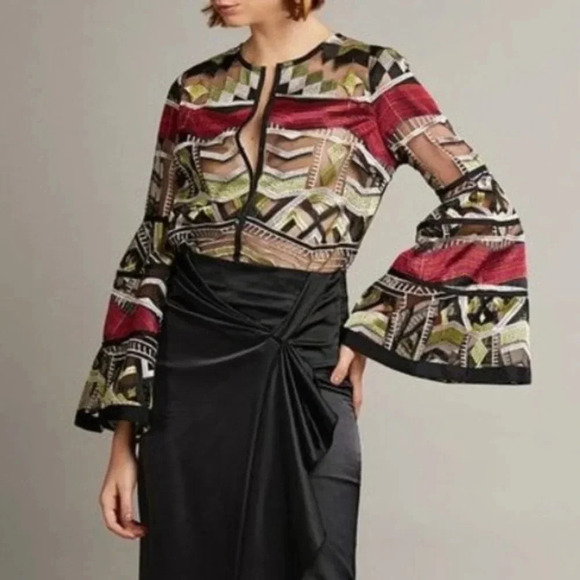 ALEXIS Women's Gem Embroidered Tulle Top Blouse Bell Sleeves Olive Maroon Small - Picture 3 of 10